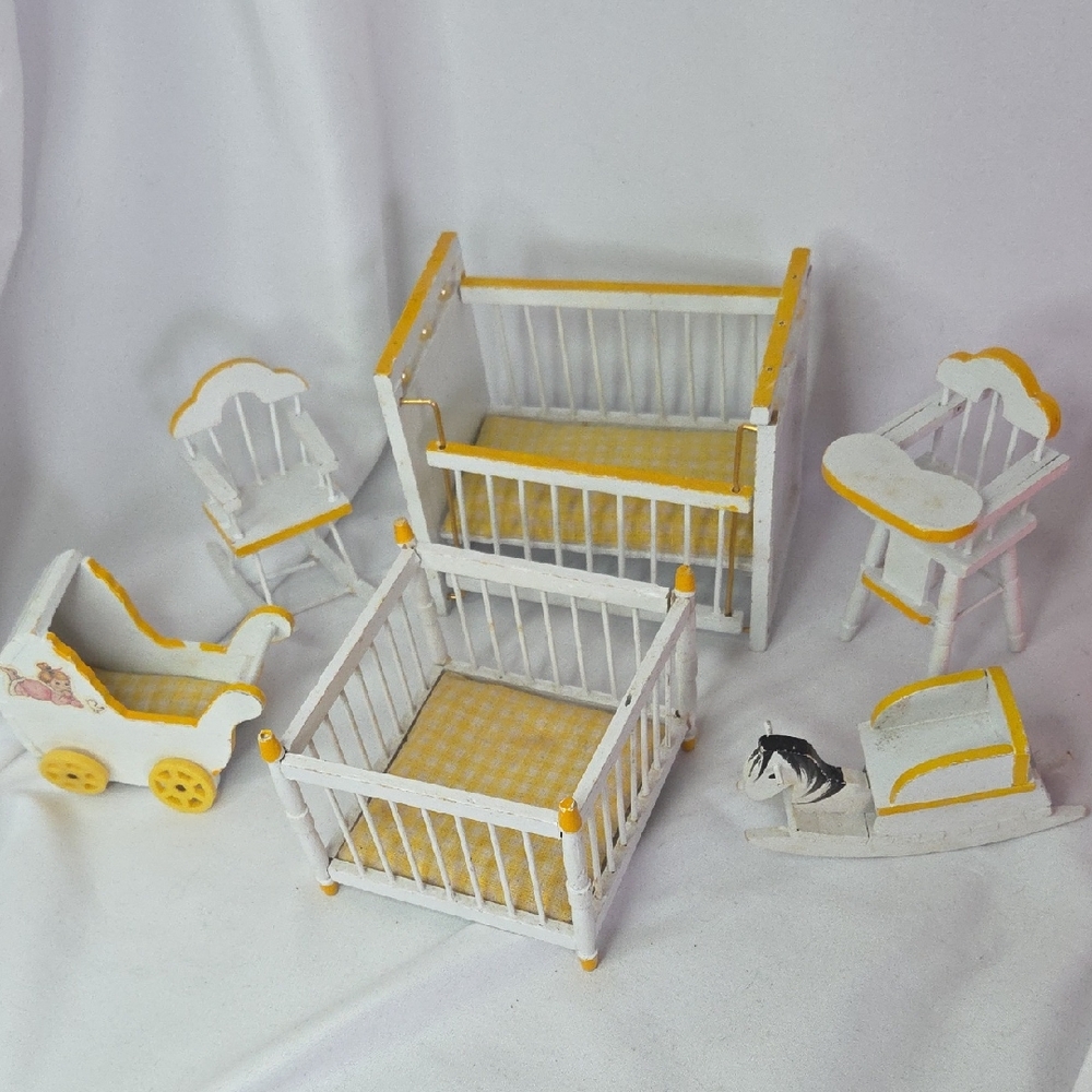 Doll House Nursery Set Sears 1980s Vintage Yellow White 6 Pieces